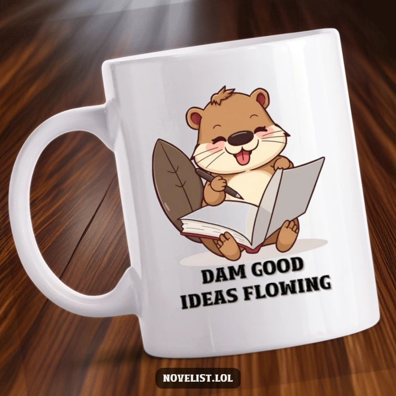 Funny Beaver Mug: A busy beaver character excitedly scribbling with a quill pen in a large book, looking industrious.