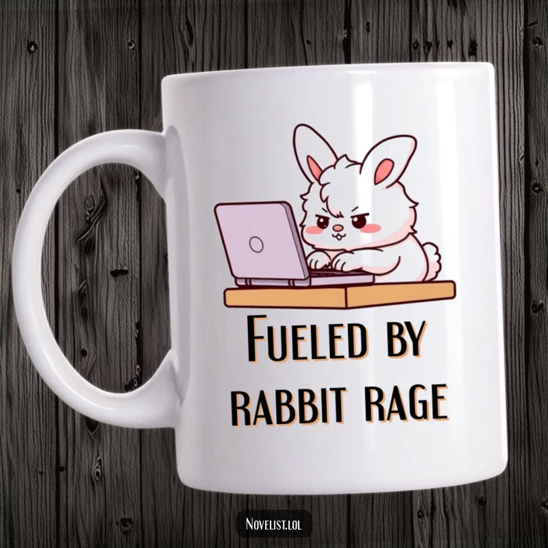 Funny Mug showing a fluffy bunny character furiously typing on a laptop with a determined expression, symbolizing intense focus and productivity.
