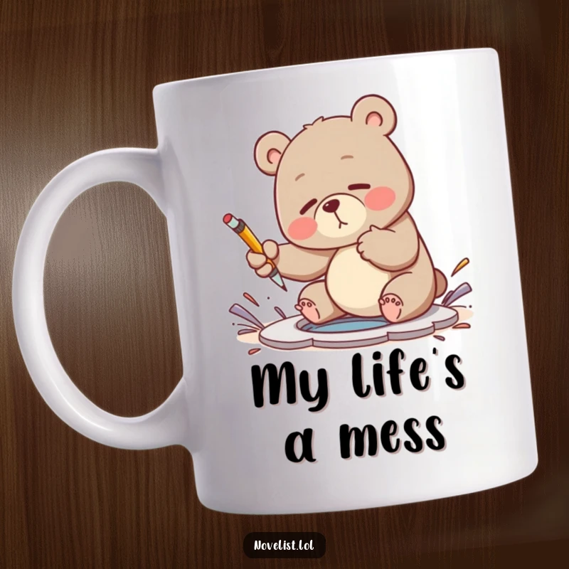 Funny mug featuring a clumsy bear comically swatting at a metaphorical plot hole with a pen, all in the name of good writing.