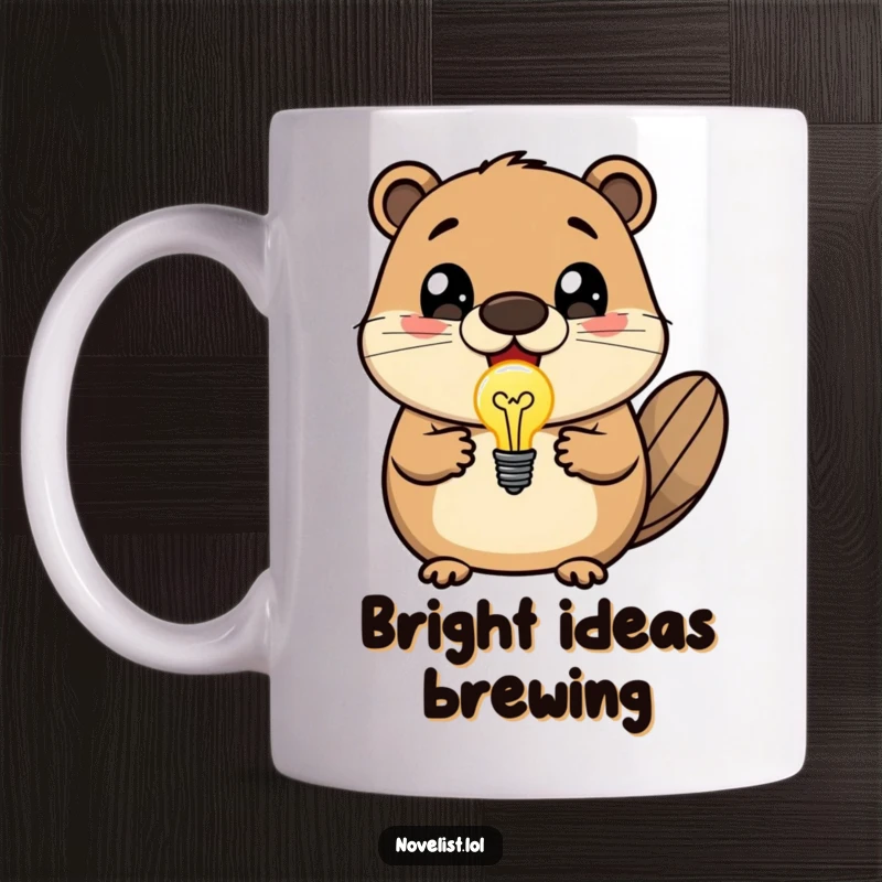 Funny mug featuring a delighted beaver with wide eyes, enthusiastically presenting a glowing lightbulb symbol for a brilliant idea.