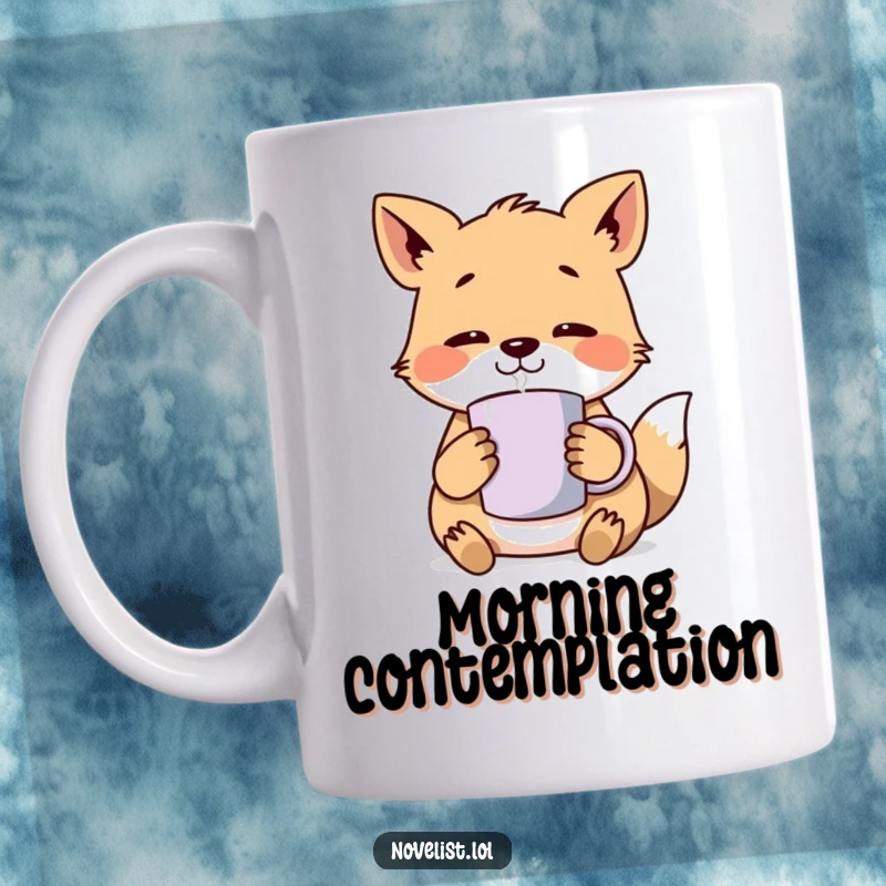 Funny Mug: Cozy animal character deeply lost in thought, cradling a steaming mug, symbolizing quiet reflection and warm beverage enjoyment.