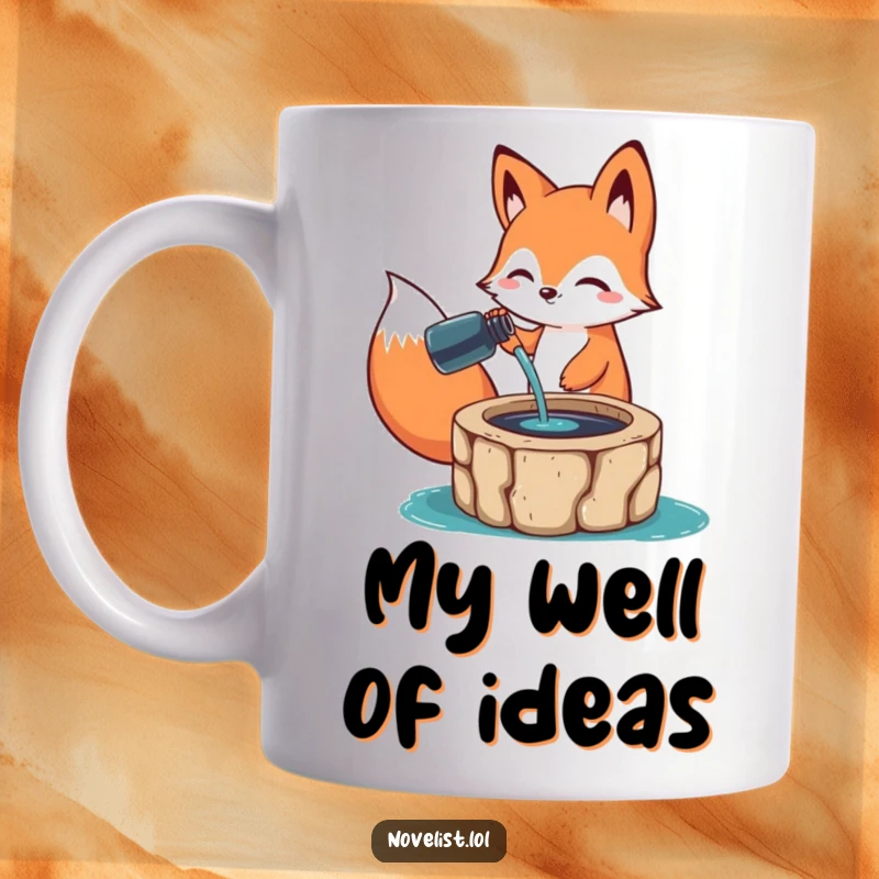 Funny Mug: A happy fox character pouring ink from a bottle into a well, symbolizing creative flow and humorous inspiration.