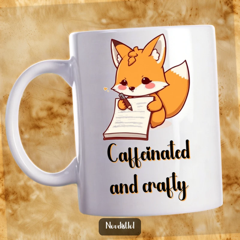 Funny determined fox character scribbling notes enthusiastically in a giant notebook on a coffee mug, celebrating busy minds.