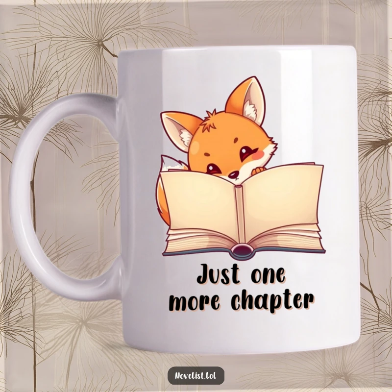 Funny mug featuring a curious fox peeking out from behind a large, open storybook, inviting readers into a world of imagination.
