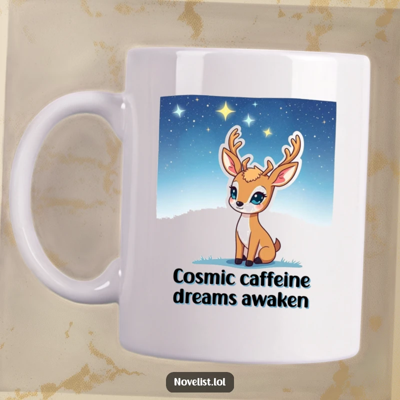 Funny Mug: Thoughtful deer gazing at a starry sky, inspiration striking, representing contemplation and creativity, a perfect funny gift.