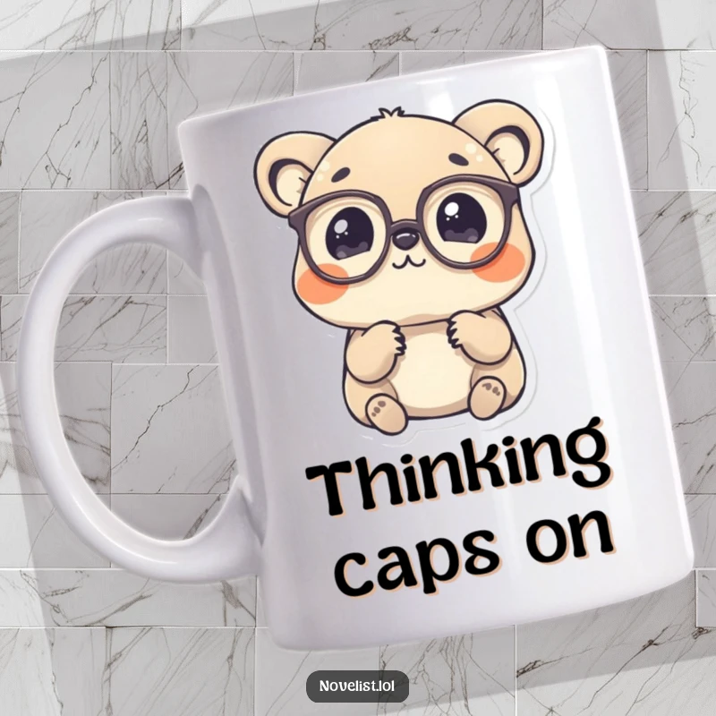 Funny Mug: Charming animal wearing spectacles, deeply contemplating a single word with a curious expression.