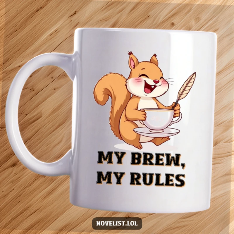 Funny squirrel mug, laughing heartily while precariously balancing a delicate teacup and a quill pen.