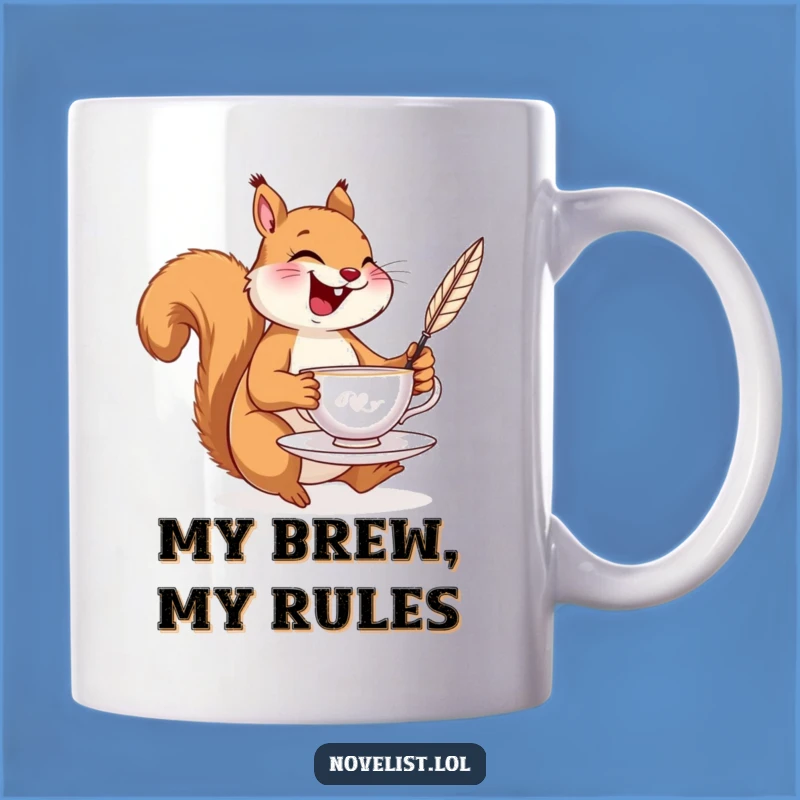 Funny Squirrel Tea Mug: Hilarious Squirrel with Tea and Quill!
