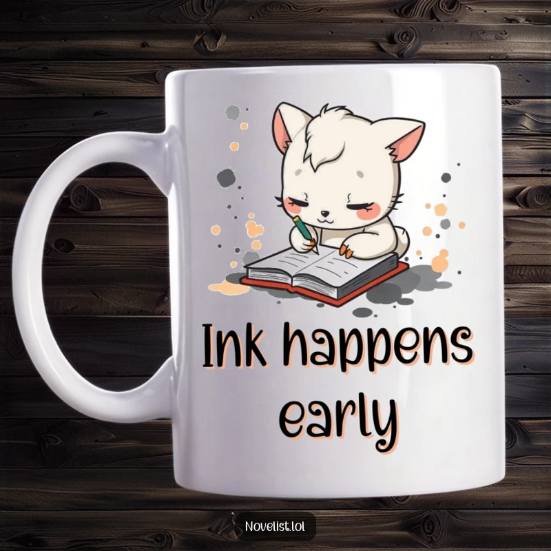 Funny mug featuring a whimsical animal character furiously scribbling in a notebook, surrounded by humorous ink splatters.