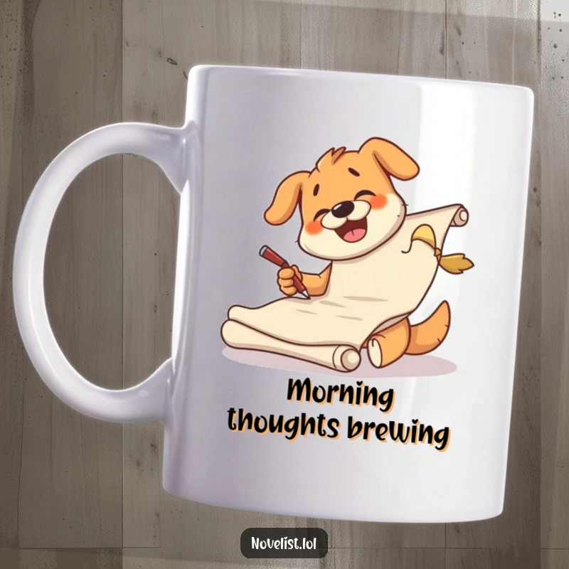 Funny dog mug featuring a giggling character furiously scribbling on a massive scroll, embodying creative chaos.