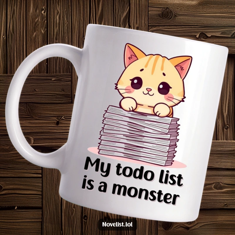 Funny mug featuring a surprised, pudgy cat character recoiling from an overwhelming stack of documents, embodying office work stress humorously.