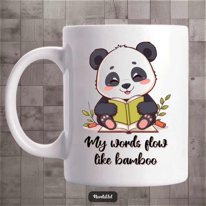 Funny mug featuring a joyful panda character happily writing a story, smiling contentedly, perfect for writers and book lovers.