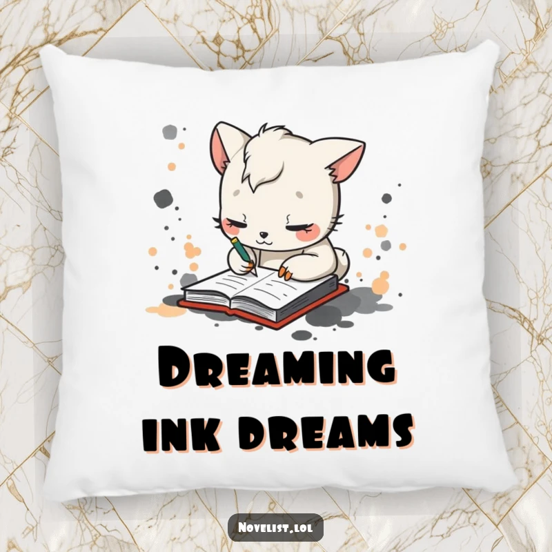 Funny pillow featuring a whimsical animal character scribbling in a notebook amidst ink splatters, offering humorous comfort for art enthusiasts.