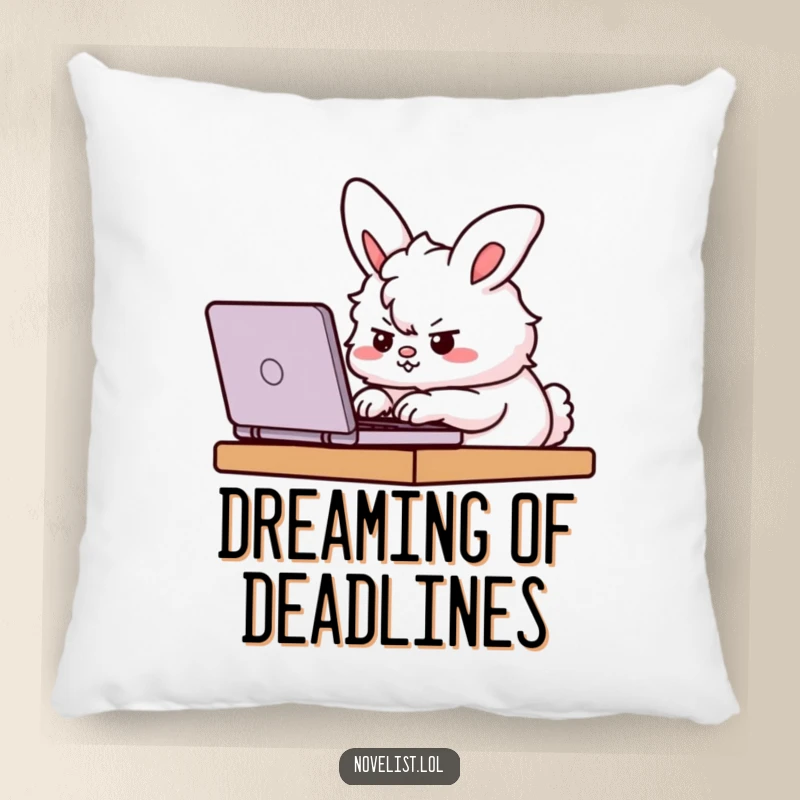 Funny Pillow depicting a fluffy bunny furiously typing on a laptop with a determined expression, offering comfort and motivation.