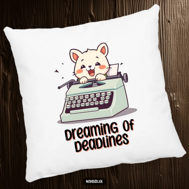 Funny pillow showcasing a cute animal character typing on a vintage typewriter, keys in motion, offering a humorous and comfortable decor accent.