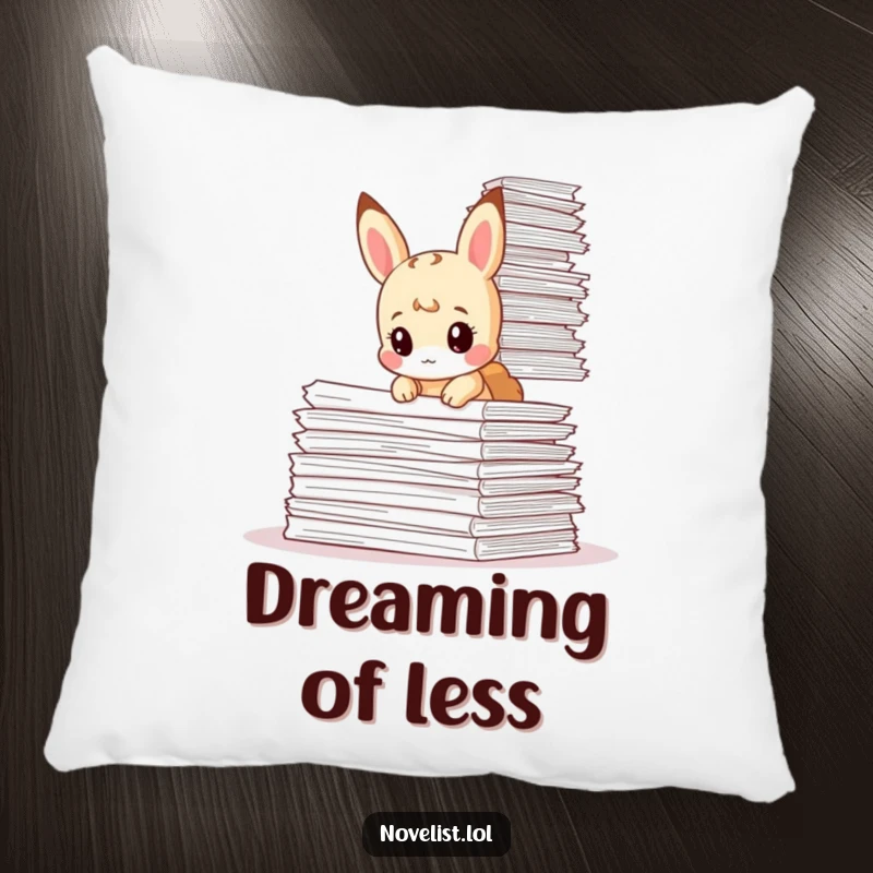 Funny pillow featuring a tiny animal character looking curious while surrounded by an enormous stack of papers, offering humorous comfort.