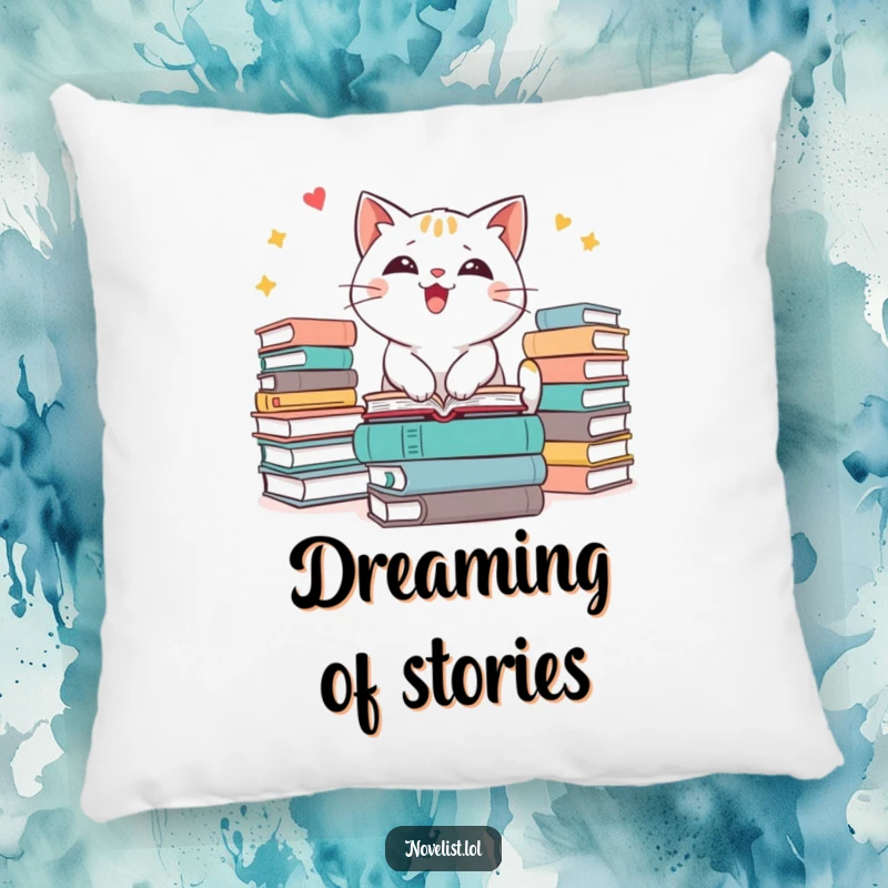Funny cat pillow showcasing an excitable character surrounded by piles of books, symbolizing a love for literature.