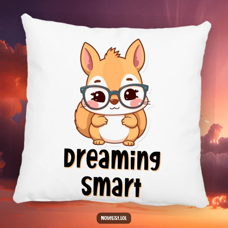 Funny pillow showing a kawaii squirrel character wearing reading glasses, looking inspired and thoughtful.