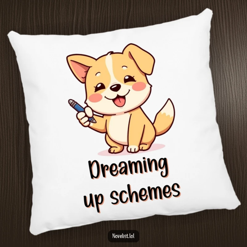 Funny decorative pillow with a playful dog gesturing with a pen, ideal for adding humor and comfort to any room.