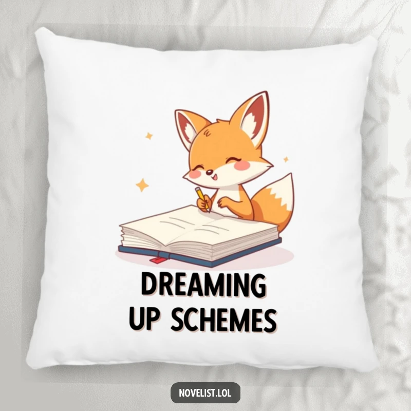 Funny Pillow depicting a cute fox gleefully scribbling in a giant notebook, offering comfort and inspiring imaginative thoughts.