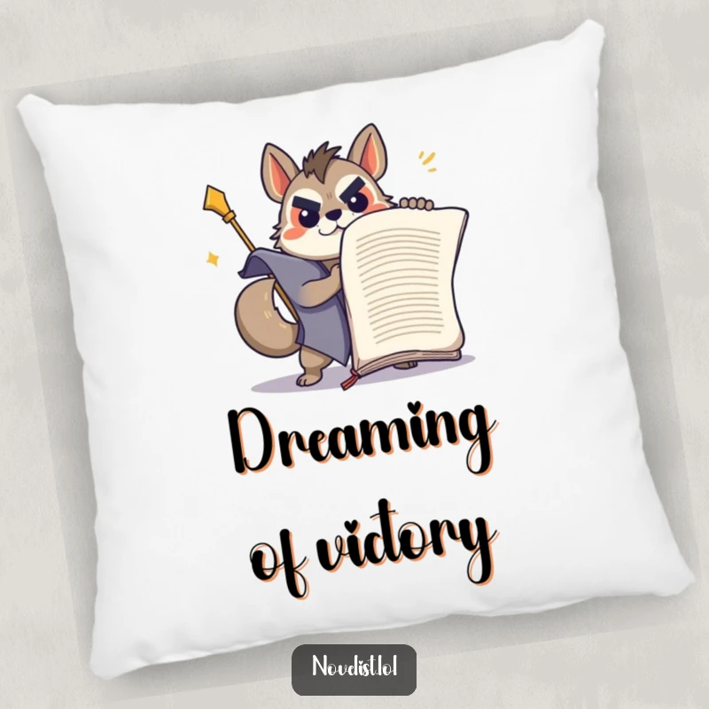 Funny determined animal wrestling a giant manuscript, featured on a soft, decorative pillow.