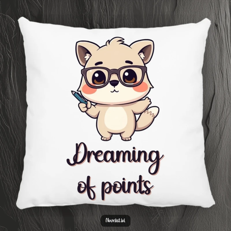 Funny Pillow with a cute animal character with glasses, dramatically gesturing with a pen, offering cozy intellectualism.