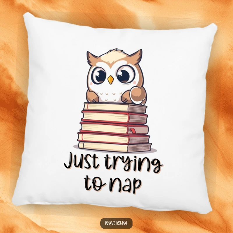 Funny decorative pillow with a surprised owl peering over a stack of academic manuscripts, designed for comfort and humor.