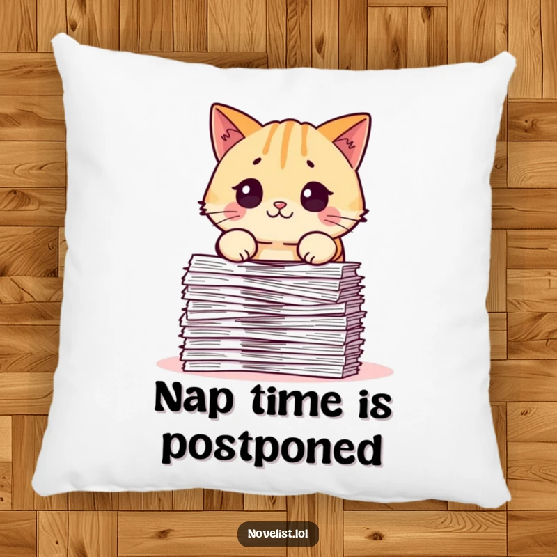 Funny throw pillow featuring a chubby cat character looking shocked and surprised by a huge stack of papers, perfect for adding humor to furniture.