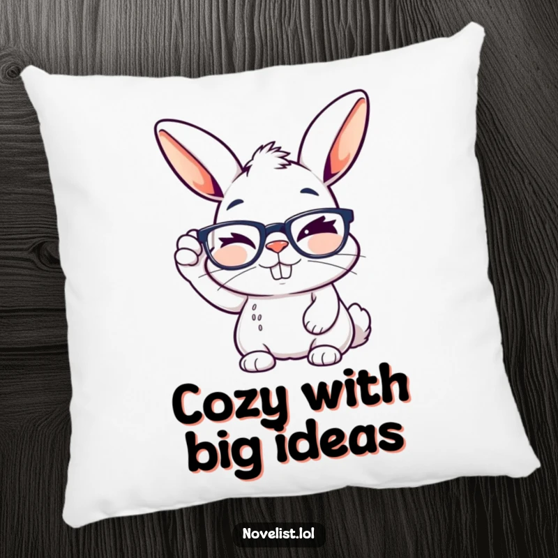 Funny decorative pillow with a winking rabbit adjusting reading glasses, ideal for adding witty humor and comfort.