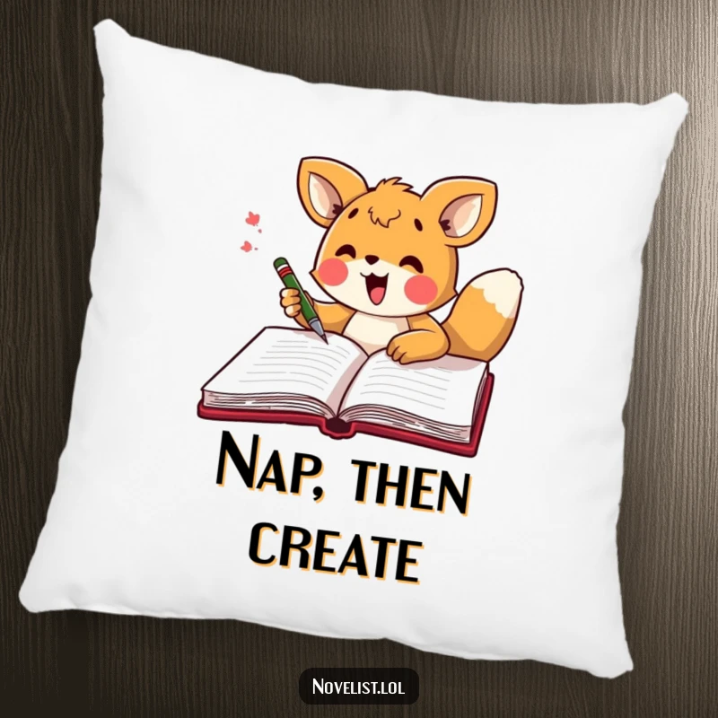 Funny pillow featuring an excited animal character happily scribbling in a large open notebook, perfect for an artist's sanctuary.