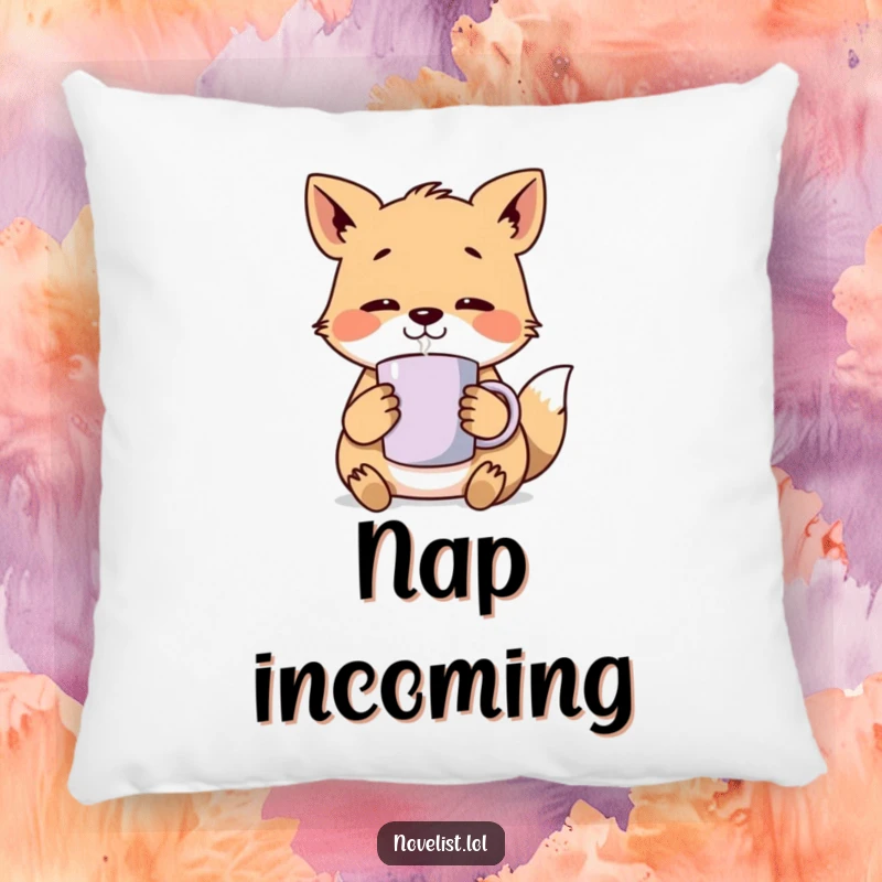 Funny Pillow: Soft cushion featuring an animal character lost in thought while holding a steaming mug, perfect for adding humorous comfort.