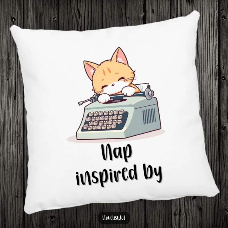 Funny pillow design with a cute cat typing on a vintage typewriter, tail wagging, offering plush comfort and literary humor.