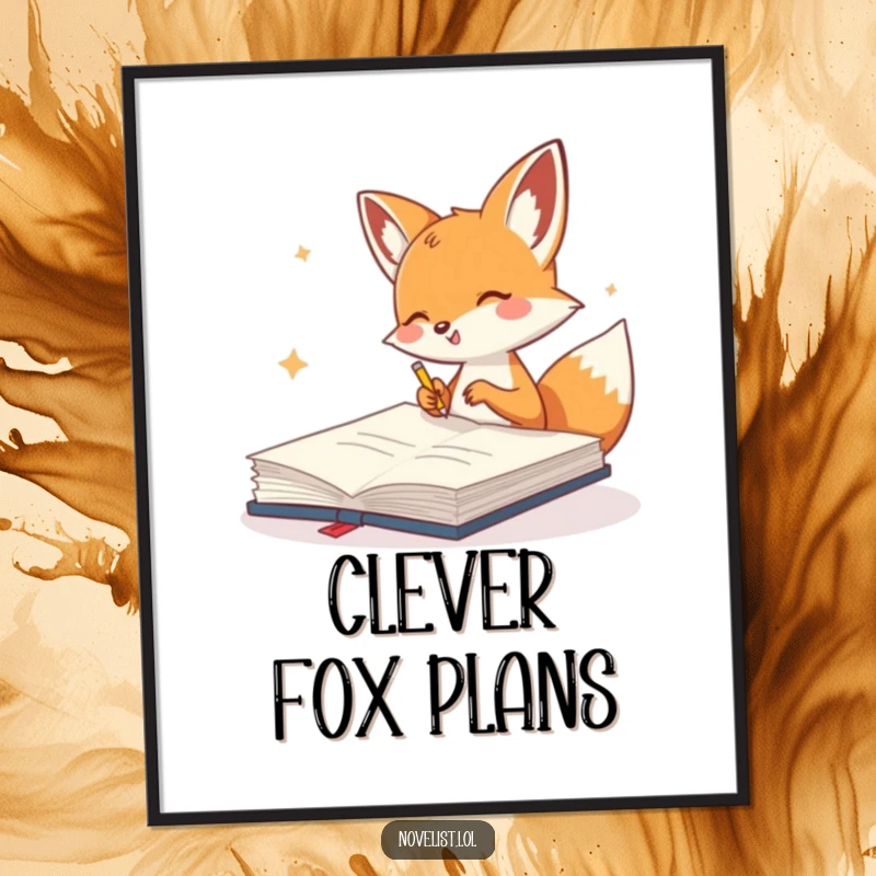 Funny Digital Art of a cute fox gleefully scribbling in a giant notebook, a whimsical and artistic piece for any wall.