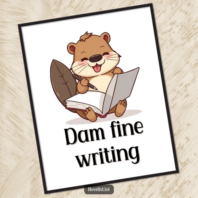 Funny Beaver Digital Art Print: A busy beaver with a quill pen, scribbling in a large book, symbolizing inspired work.