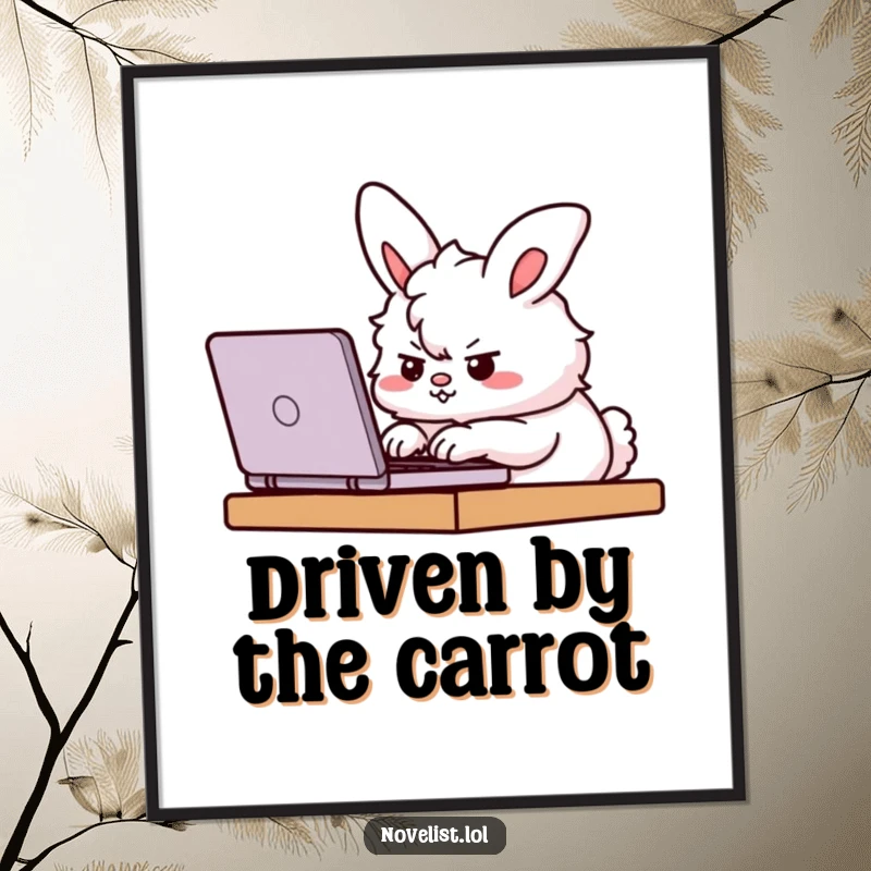Funny Digital Art of a fluffy bunny character furiously typing on a laptop with a determined expression, symbolizing productivity and focus.