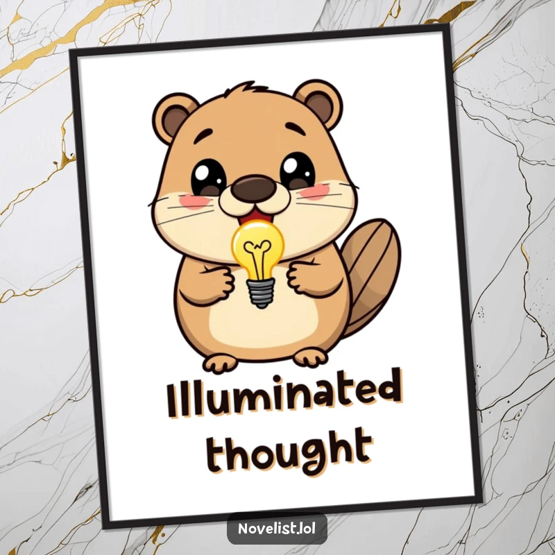 Funny digital art print of a delighted beaver with wide eyes, holding a glowing lightbulb, symbolizing a moment of pure inspiration.
