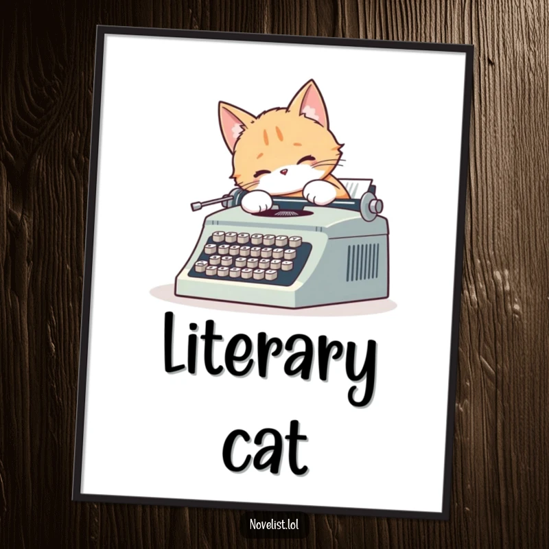 Funny digital art print of a cute cat enthusiastically typing on a vintage typewriter, its fluffy tail wagging with focus.