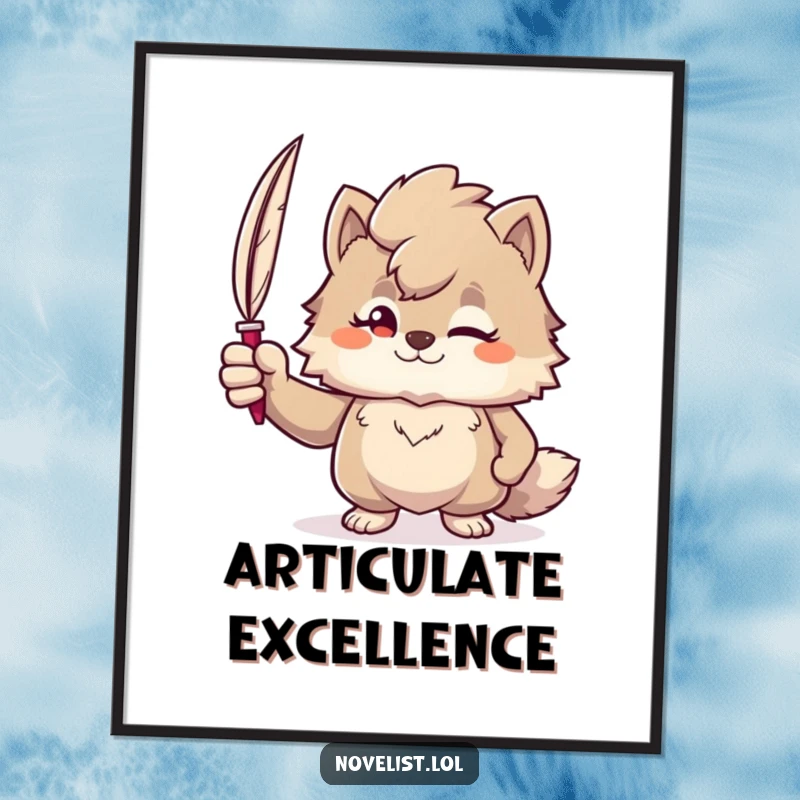 Funny digital art print of a confident furry character holding a quill pen, symbolizing creative writing and literary expression.