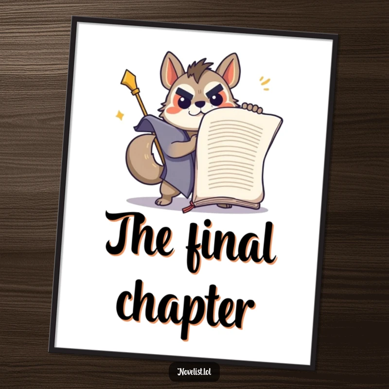 Funny determined animal wrestling a giant manuscript, a triumphant digital art print.