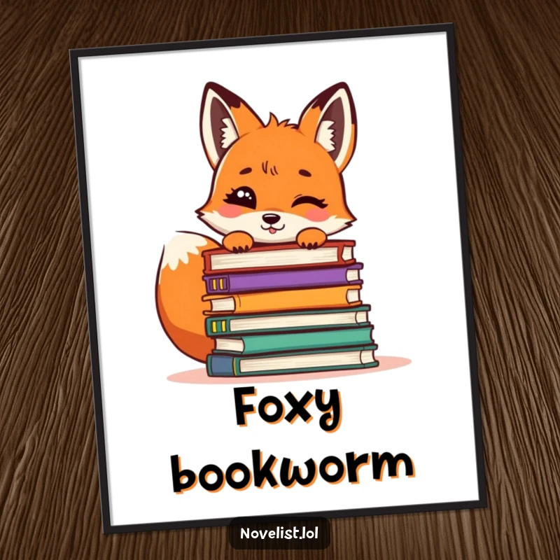 Funny Fox Digital Art Print: A giggling fox peeking from behind a pile of books, perfect for literary-themed decor.