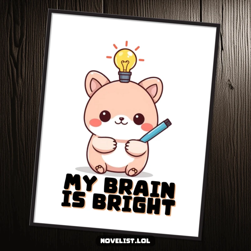 Funny digital art print of a kawaii animal character with a lightbulb and pen, symbolizing a humorous idea and bright creativity.