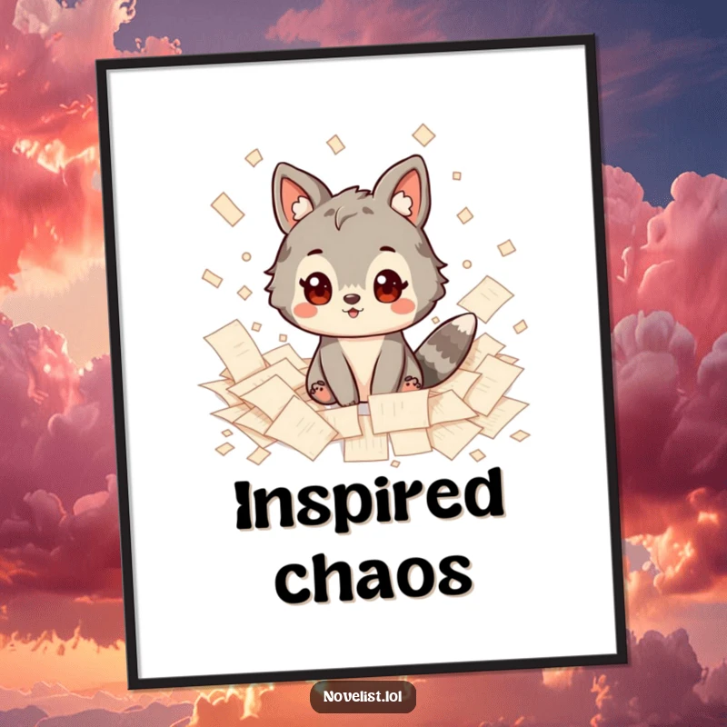Funny Digital Art Print: High-quality artwork of an inspired animal character surrounded by scattered papers, perfect for humorous creative spaces.