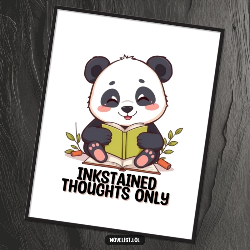 Funny digital art print of a happy panda writing a story, adding a whimsical and literary touch to home or office decor.