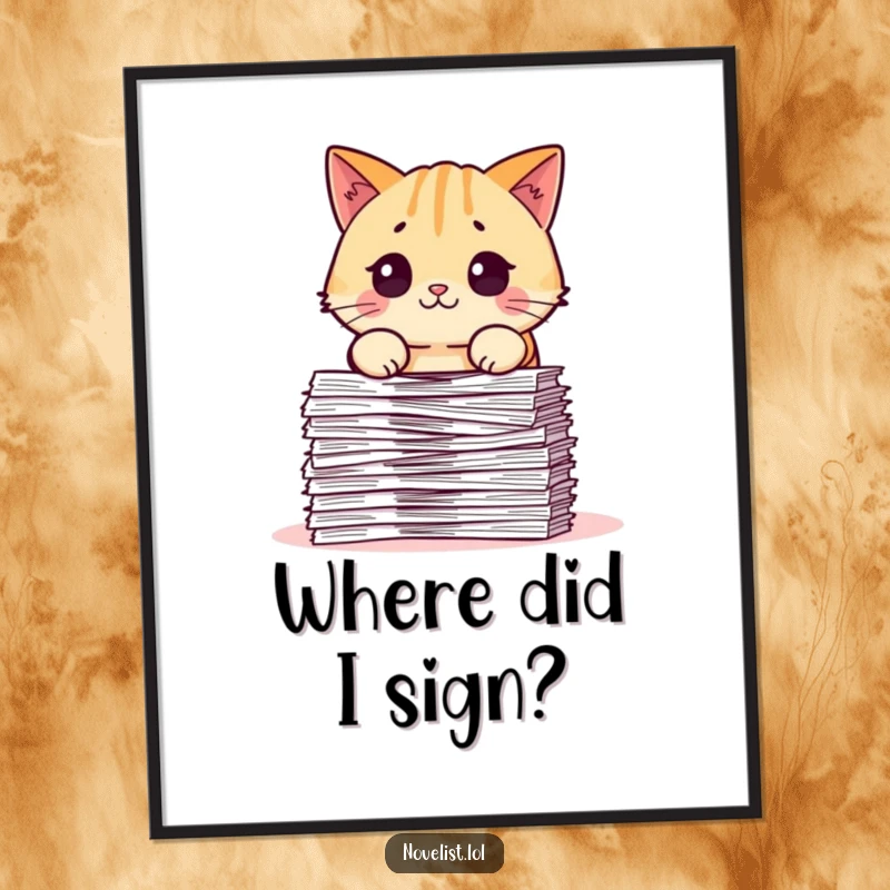 Funny digital art print showing a chubby cat character looking surprised and overwhelmed by a huge pile of documents, great for instant decor.