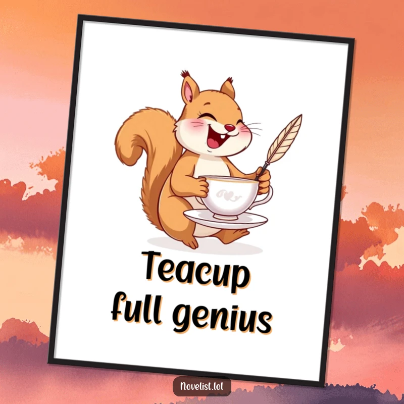 Funny digital artwork of a laughing squirrel balancing a teacup and a quill pen, ready to be printed.