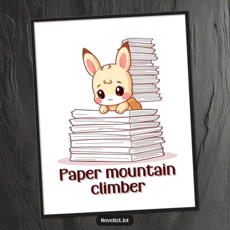 Funny digital art print of a tiny animal character buried under a huge stack of papers, creating a humorous and relatable academic scene.