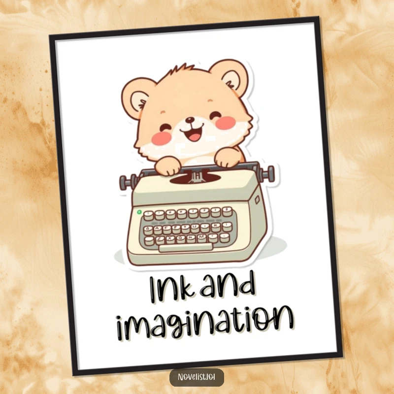 Funny digital art print of a fluffy animal with a cheerful expression, joyfully typing on a vintage typewriter.