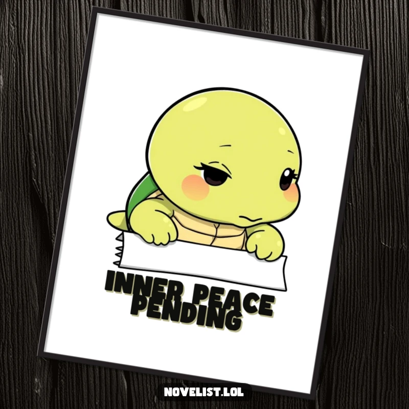 Funny digital art print of a thoughtful turtle gazing intently at a blank page, symbolizing quiet reflection and creative potential.