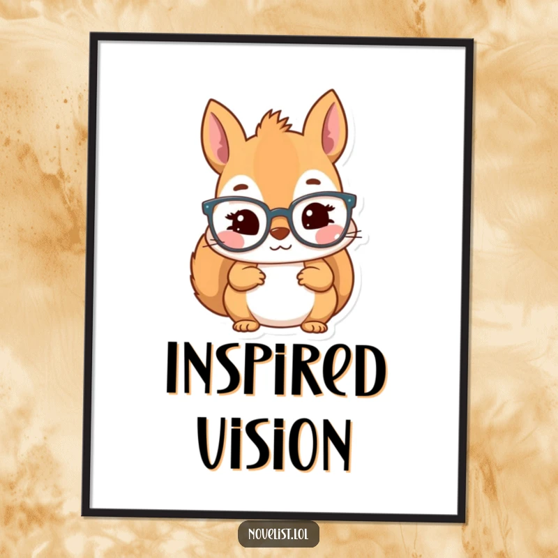 Funny digital art of a kawaii squirrel character wearing reading glasses, looking inspired by a book.