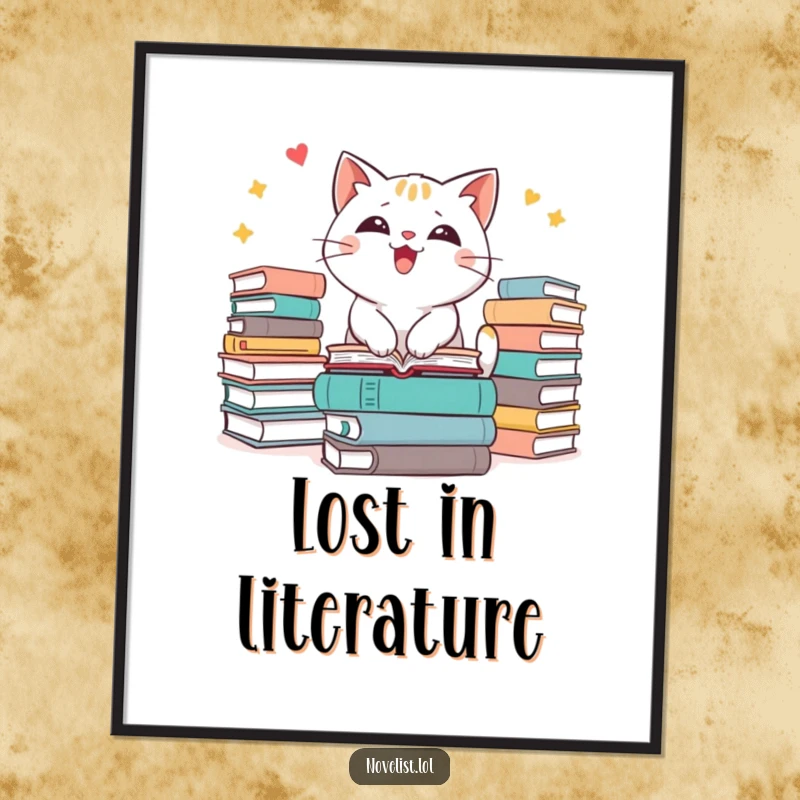 Funny digital art print of an excitable cat character joyfully surrounded by numerous books, celebrating literacy.
